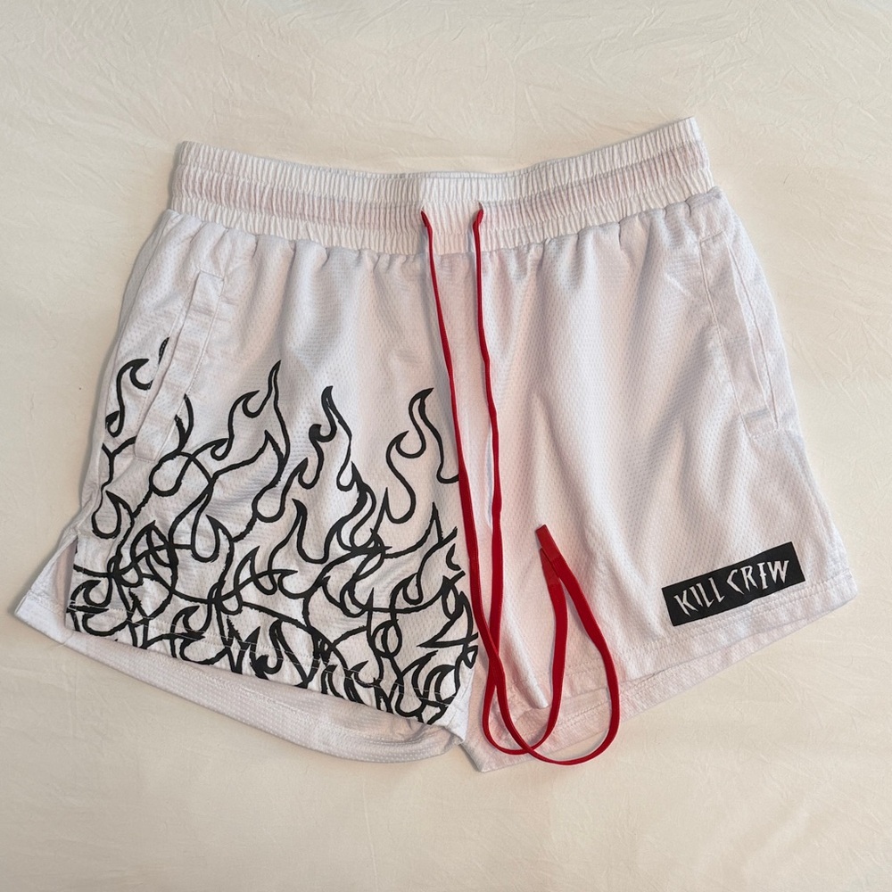 Kill Crew White Shorts with Black Flames and Red Accents